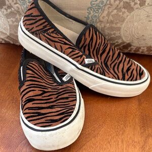 Vans Brown and Black Tiger Stripe Slip-On Sneakers